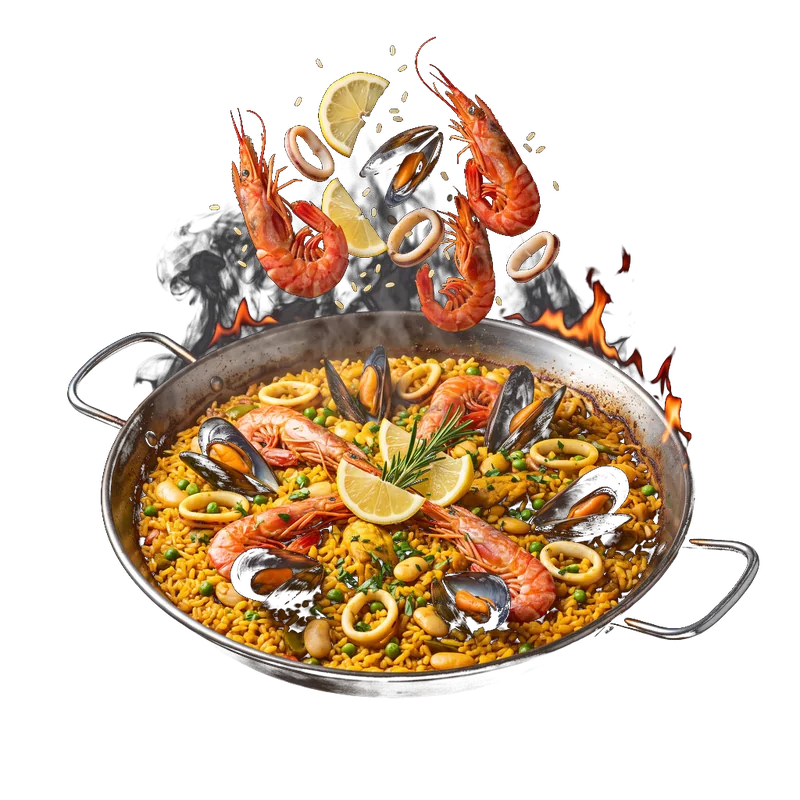 Paella en 3D flotando, ejemplo de Menú 3D by Boomatik para restaurantes